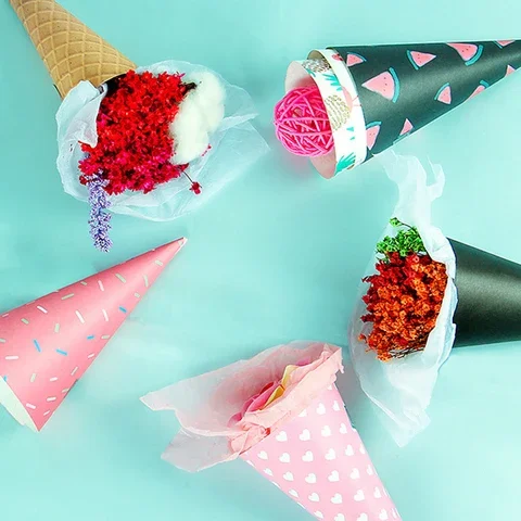 

20 Pieces Mini Flower Ice Cream Cone Wrapping Paper Gift Packaging Bouquet Wedding Decoration Florist Supplies