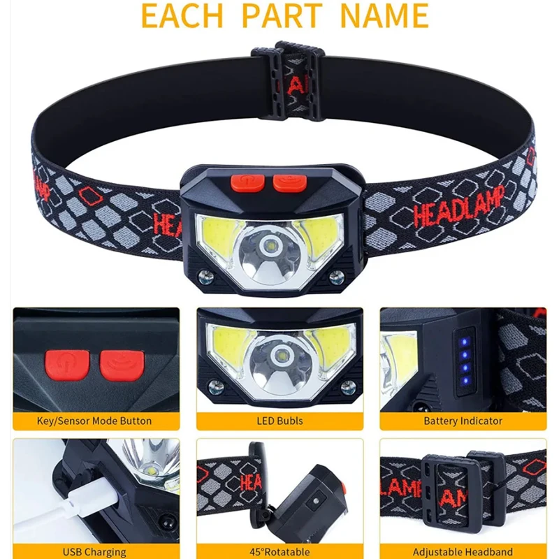 8 가지 모드 모션 센서 XPE + COB LED 전조등 손전등 USB 충전식 방수 캠핑 헤드 램프 러닝 낚시 헤드 라이트
