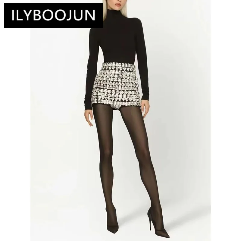 ILYBOOJUN Sexy Slimming Shorts For Women High Waist Patchwork Diomands Spliced Zipper Chic Short Pants Female Fashion Clothes