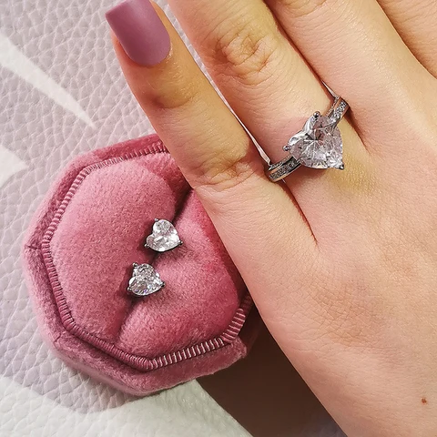 Pack silver color bride Jewelry set halo Engagement ring round stud earring for Wedding    gift  J4921