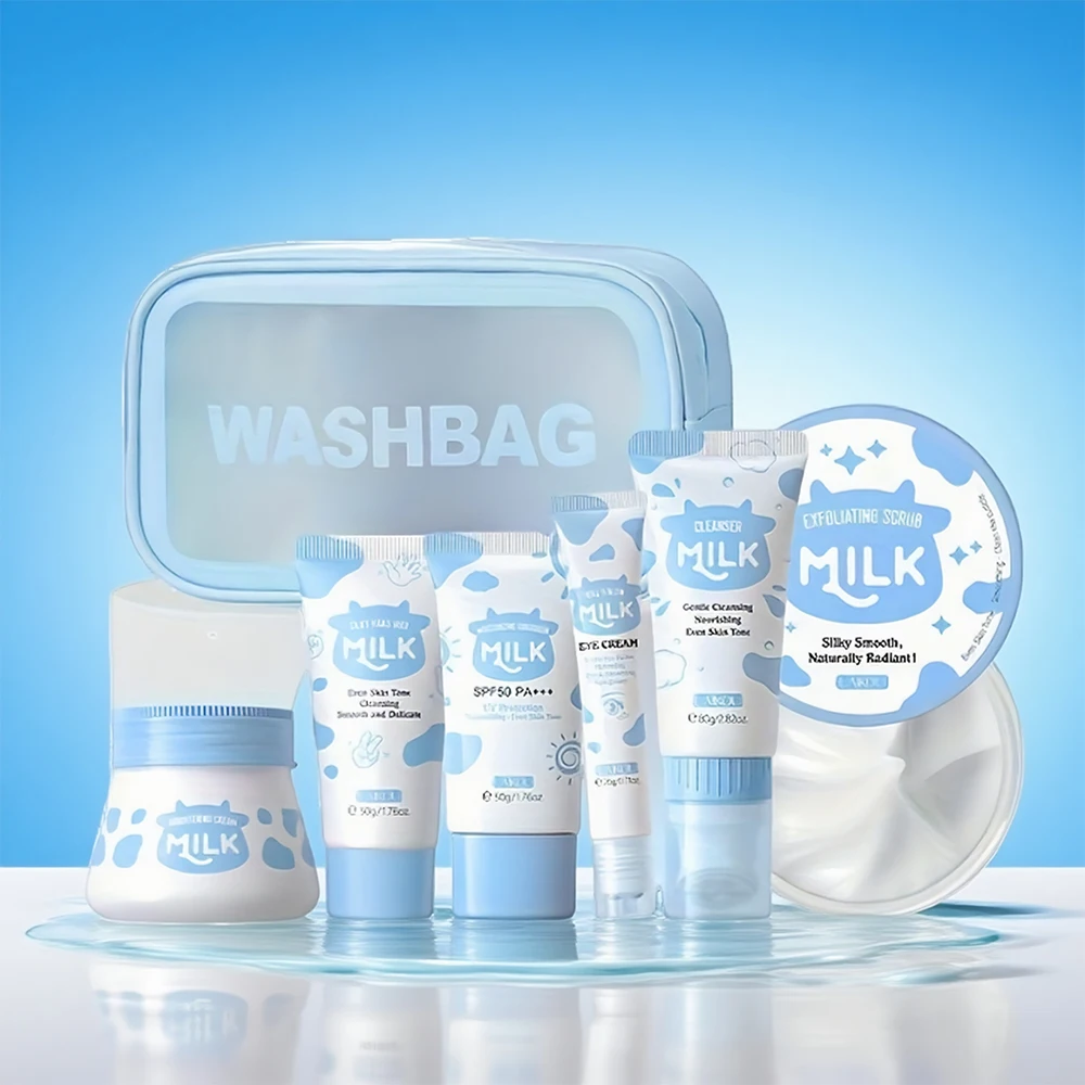 7PCS Milk Skin Care Set Moisturizing Hydration Body Beauty Facial Cleanser Body Scrub Hand Wax Eye Cream Sunscreen Storage Bag 1 7PCS Milk Skin Care Set Moisturizing Hydration Body Beauty Facial Cleanser Body Scrub Hand Wax Eye Cream Sunscreen Storage Bag 1
