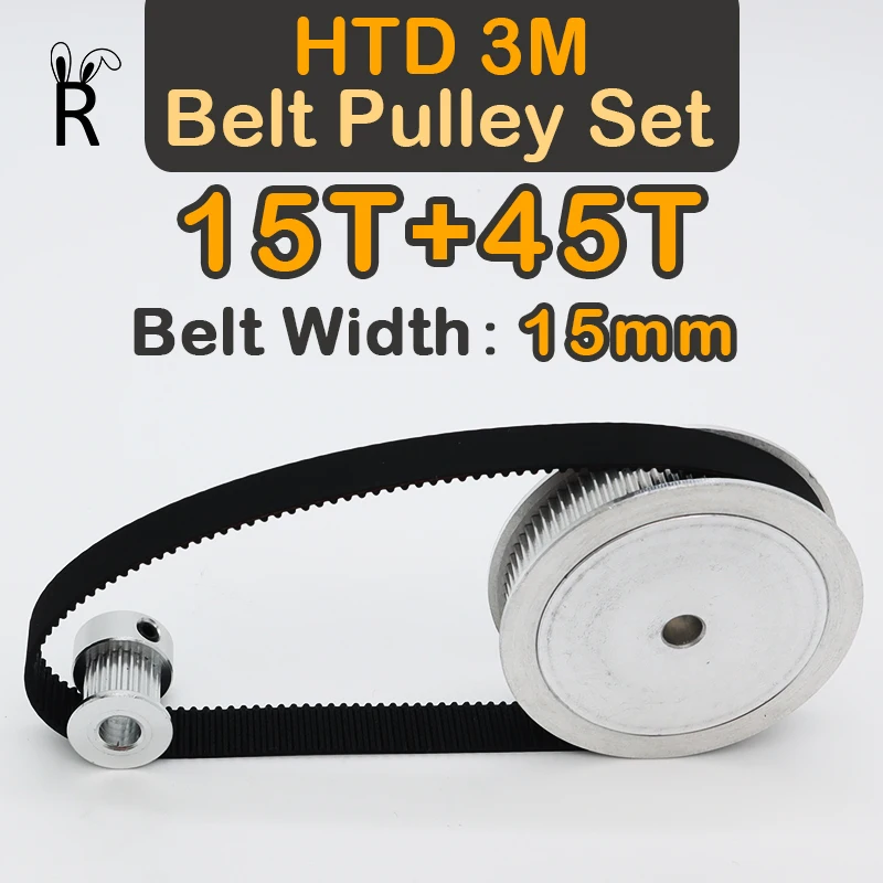 15Teeth+45Teeth HTD 3M Pulley Set 15T 45T Gear Belt Width 15mm 15 Teeth 45 Teeth Synchronous Wheels Kit HTD3M Timing Pulley Set