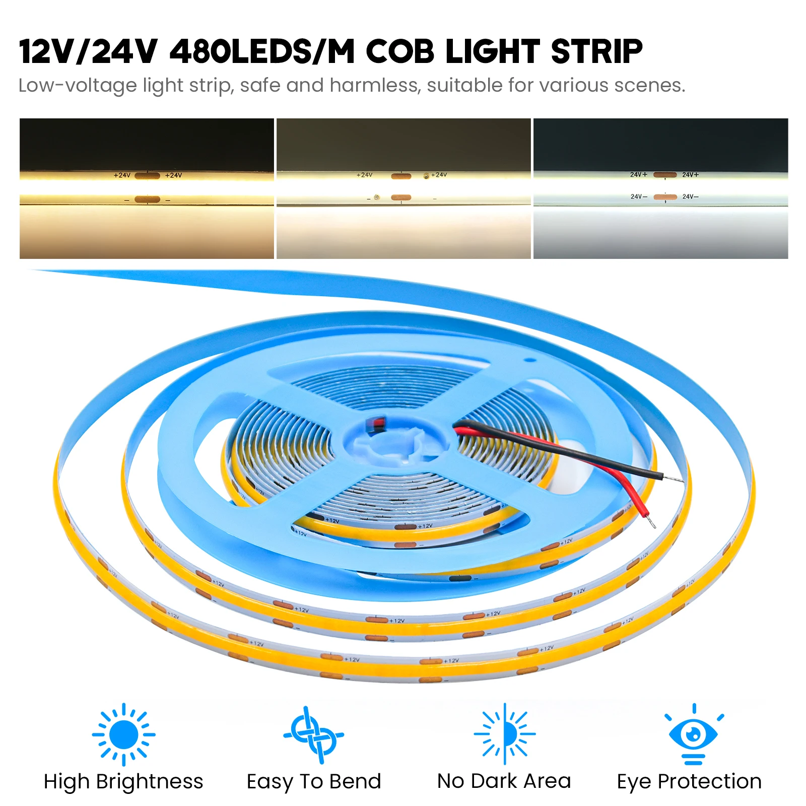 

Высокая яркость 480 светодиодов/м COB полоса DC 12V 24V RA90 3000K 4000K 6000K гибкая лента веревка ФОБ освещение