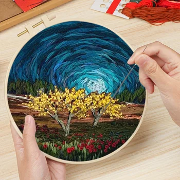 Beginner DIY Embroidery Kit Scenery Pattern Embroidery Kits With Hoop Handwork Handcraft Needlework Sewing Hand Cross Stitch Set 1