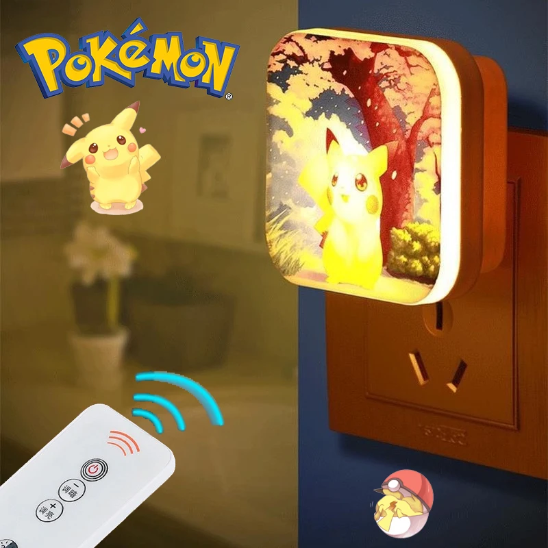 Pokemon Pikachu Smart Remote Control Night Light Cute Anime Plug In Type Square Led Night Light Decorazione Della Casa Risparmio Energetico