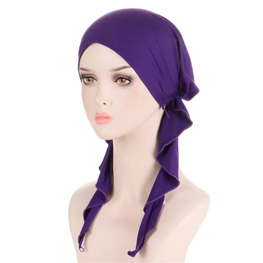 Muslim Inner Hijab Turban Women Pre-Tied Cap Long Tail Headscarf Wrap Beanies Bonnet Head Scarf Stretch Headwear Ninja Hat
