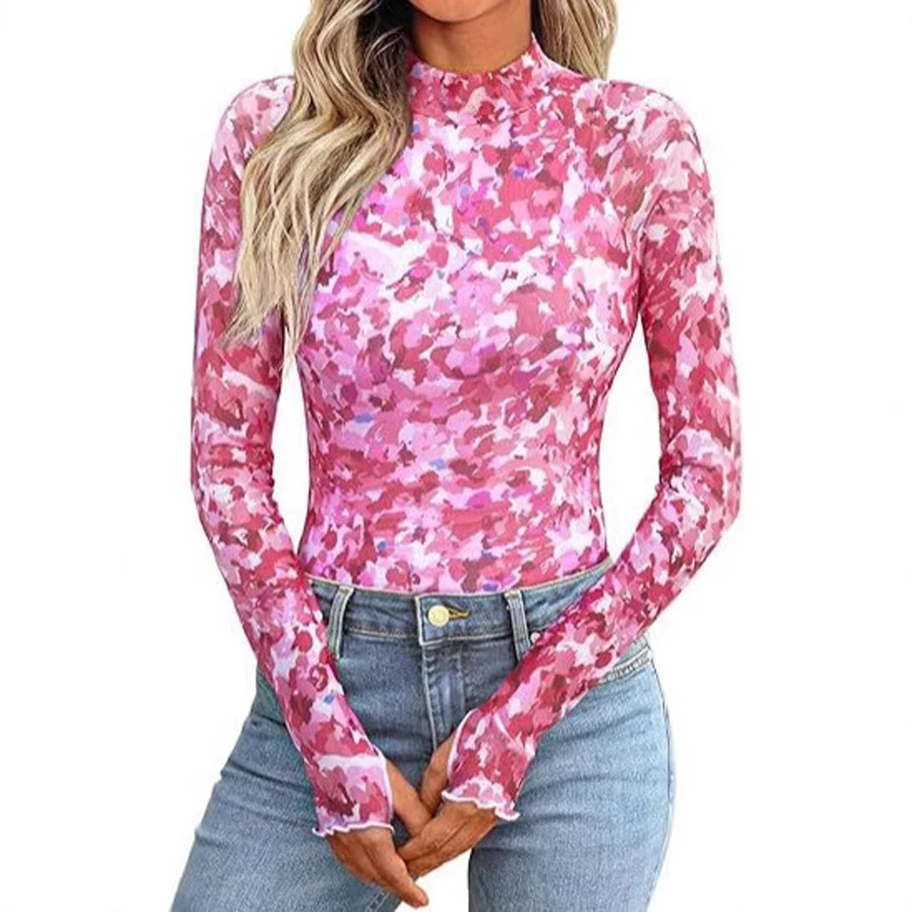 Women Floral Print Long Sleeve Slim Fit T Shirt Summer