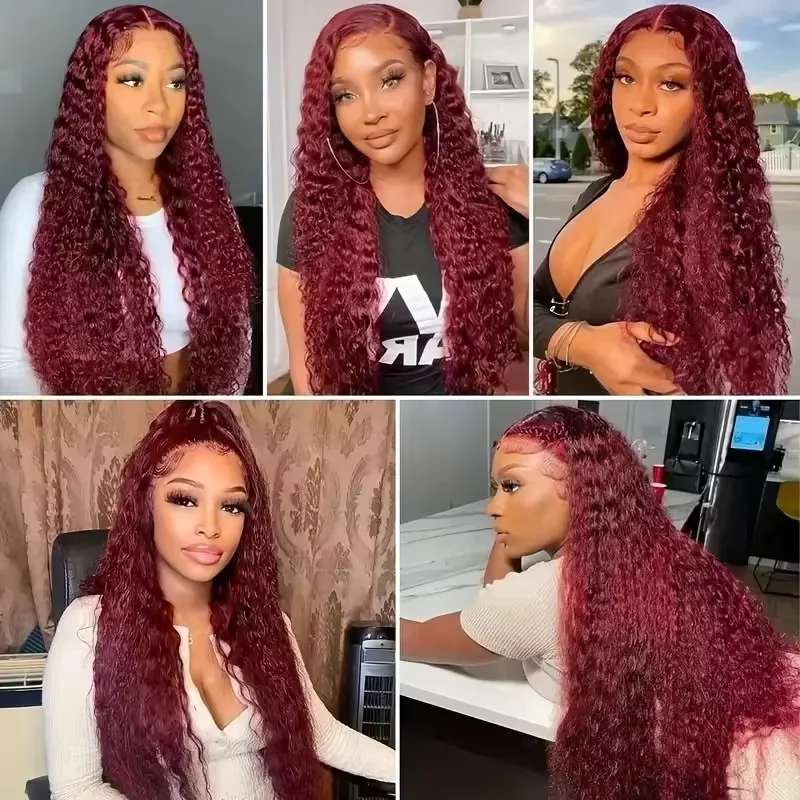 220 Density 99J Burgundy 13x6 HD Lace Front Wigs Human Hair Red Colored Deep Wave Transparent Preplucked 13x4 Lace Front Wig