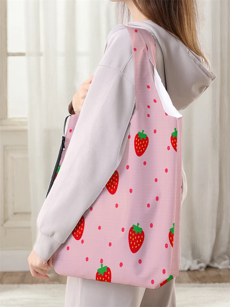 Ladies' Foldable Cartoon Strawberry Pattern Large Shopping Bag Foldable Storage Reusable Easy to Carry Capacity Handbag