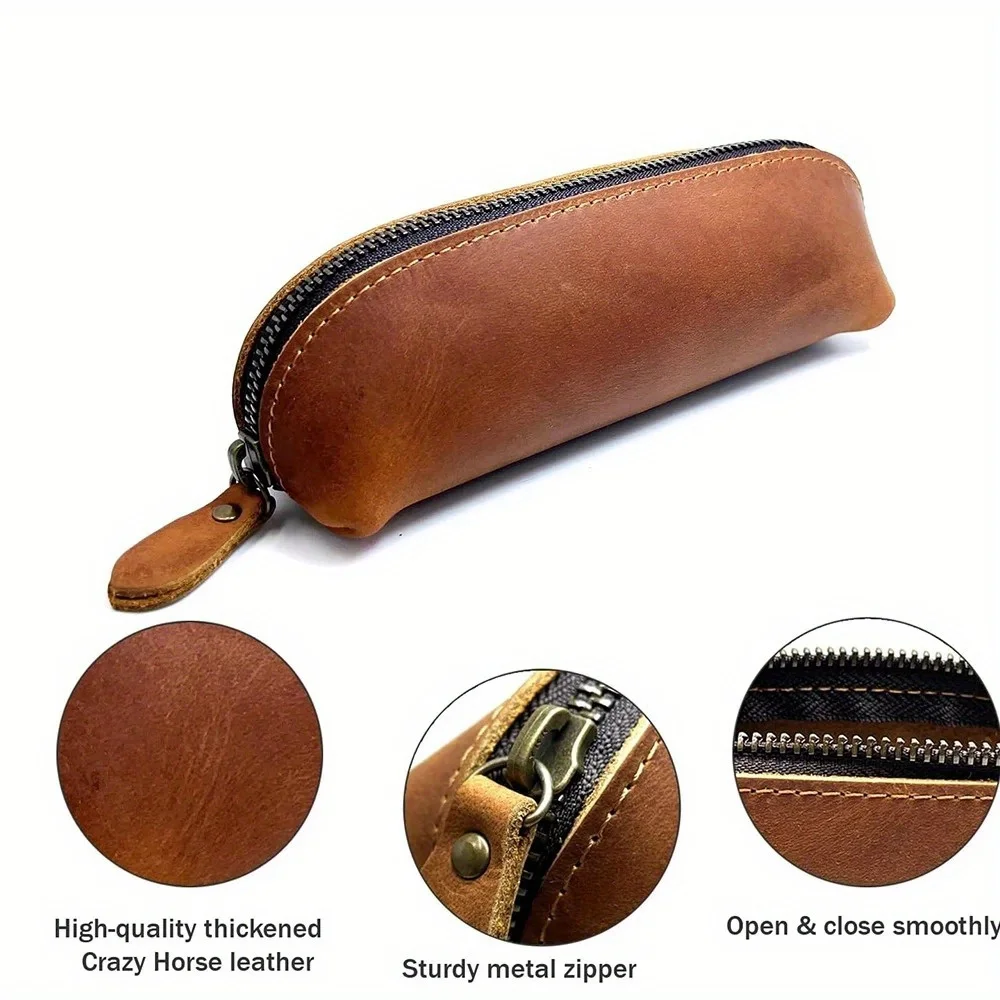 Vintage Leather Pencil Bag Simple Stationery Hoder Pen Case Storage Bag Zipper Pencil Pouch Glasses Box School Supplies 3