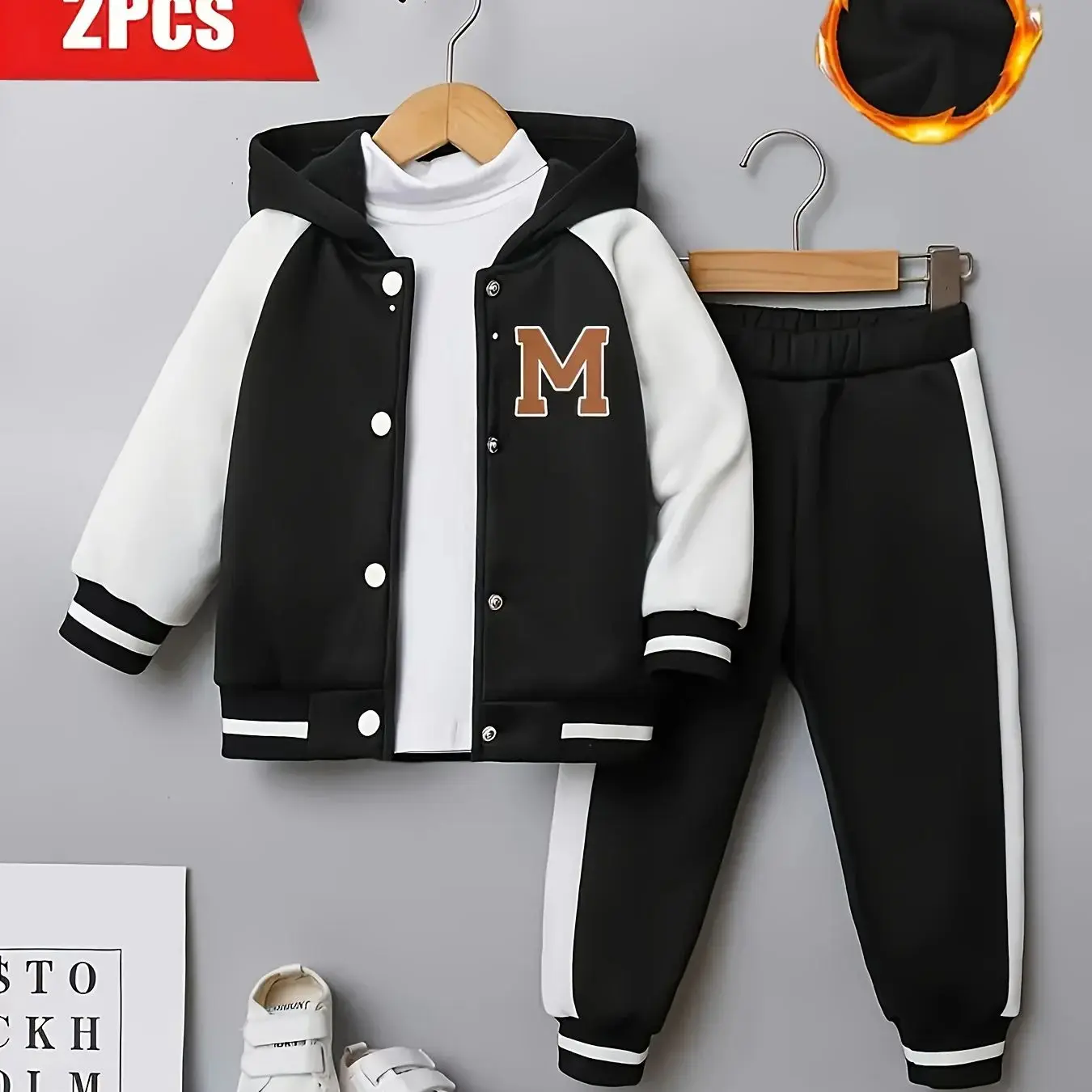 《유아용 2피스 세트: 흑백 문자 'M' 후드 야구 재킷과 어울리는 바지, 양털 안감 아동복》