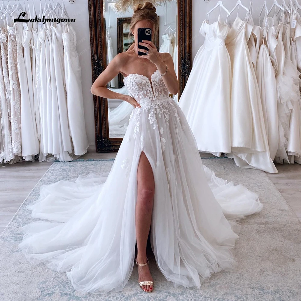 

Lakshmigown Vintage Wedding Dresses with Slit Sweetheart A-Line Bridal Gowns Vestidos de Nova Princess Bride Dress