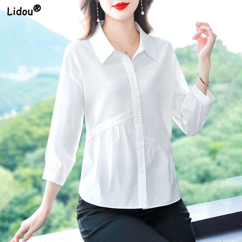 Simplicity Turn-down Collar Three Quarter Sleeve Blouses Solid Button Patchwork Asymmetrical Fashion Casual Women's Clothing