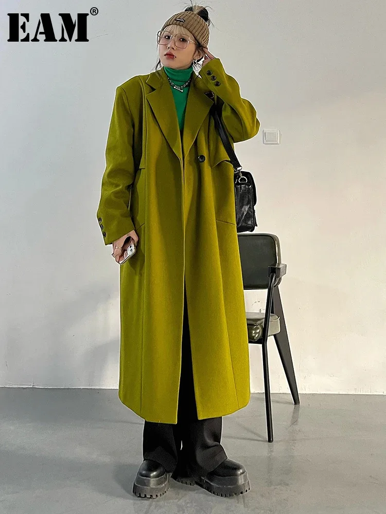 

[EAM] Loose Fit Green Brief Big Size Long Woolen Coat Parkas New Long Sleeve Women Fashion Tide Autumn Winter 2024 1DF0219