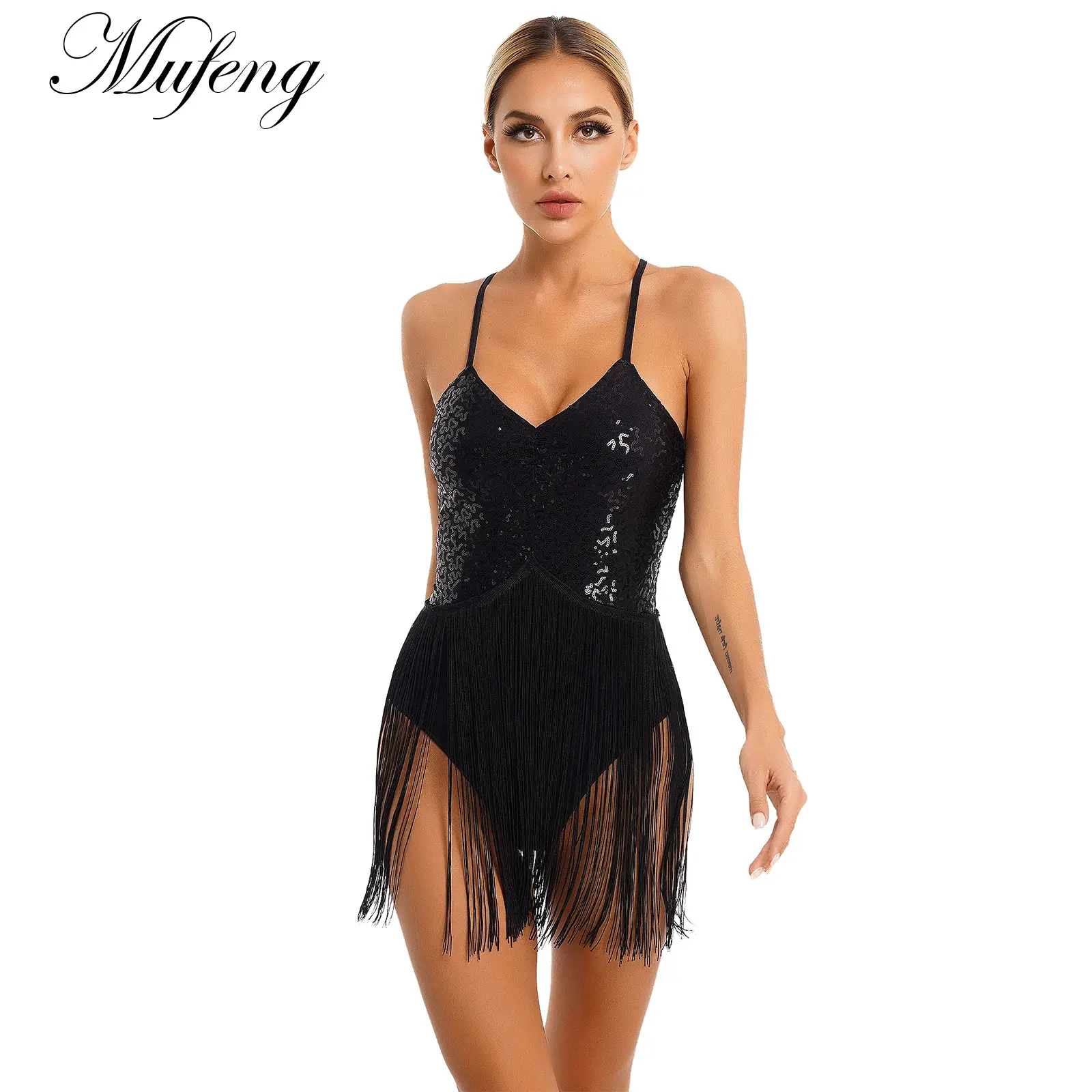 

Women Girl Glitter Sequins Ballet Dance Dress Fringed Tassel Gymnastics Leotard Lyrical Modern Ballroom Latin Jazz Dance Costume