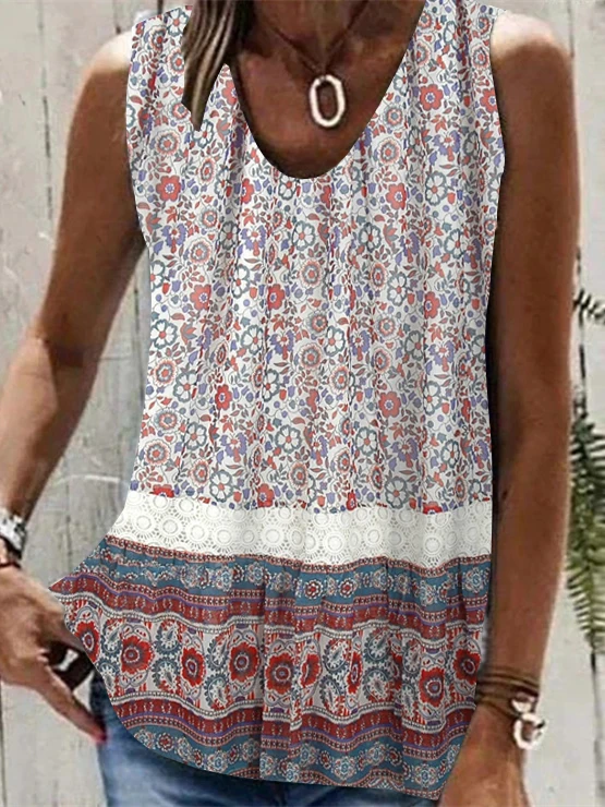 

Plus Size Women Sleeveless V-neck Printed Colorblock Top