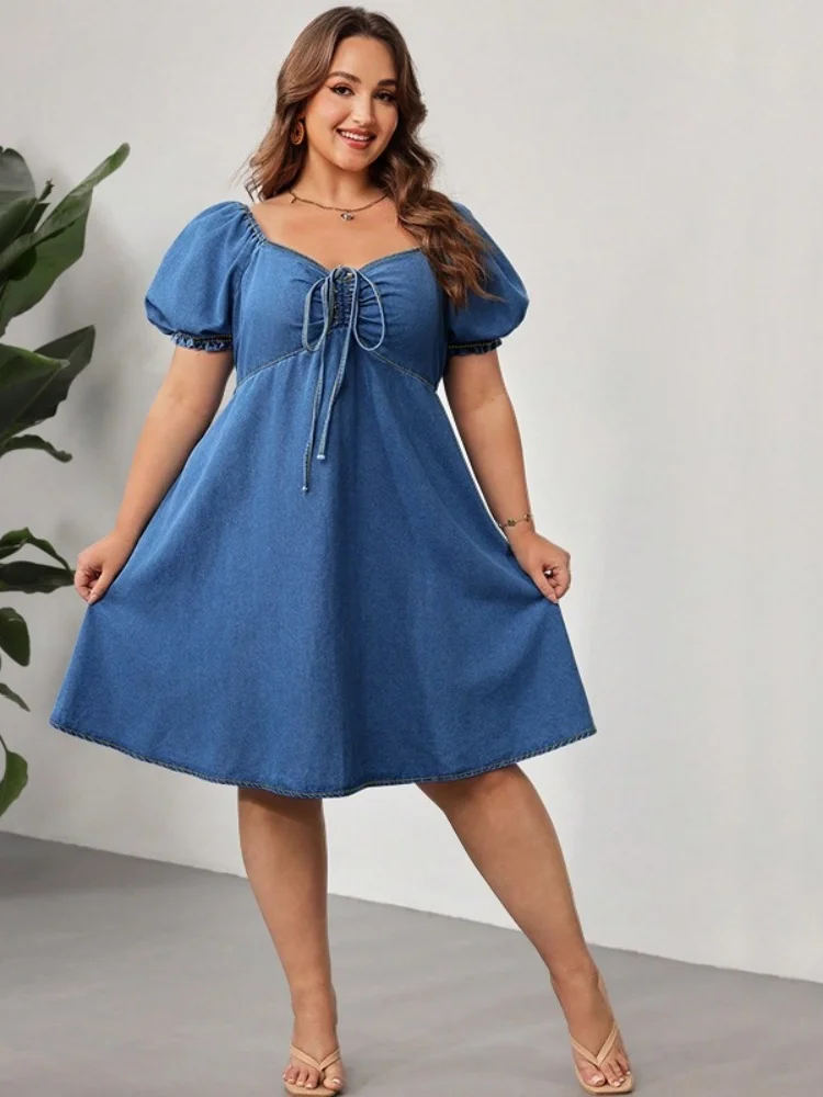 Wmstar Plus Size Denim Dresses Women Wholesale New European American Summer Short Sleeved Elastic Mid Length Dress Elegant Woman