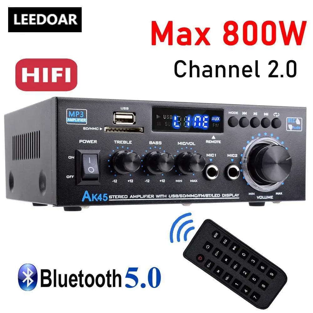 

LEEDOAR AK45 HiFi Digital Amplifier Max Power 90Wx2 Channel 2.0 Bluetooth Surround Sound AMP Speaker for Home Car