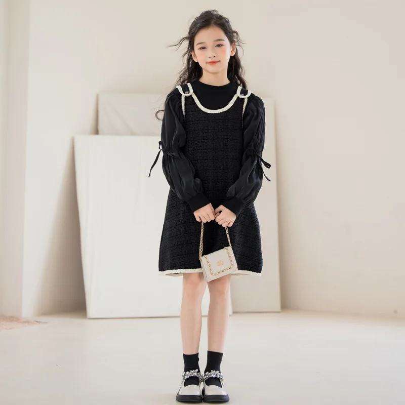 

Girls Vest Dress Set 2024 Spring Teen School Kids Clothes Puff Sleeve T-shirt Black Princess Dress Two Pieces Children Costumes