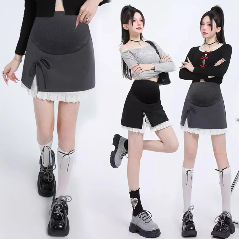 Summer Pregnant Woman Suit Skirts Lace Hem Patchwork Side Split Irregular Maternity Belly Skirt with Lining Pregnancy Skirt