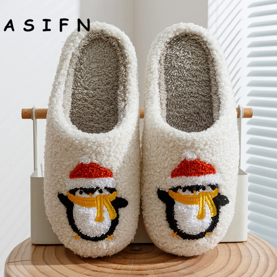 ASIFN Winter Penguin Christmas Home Women's Slippers Cotton Cute Comfy Flat Slip-on Merry Christmas Bedroom Shoes for Gift