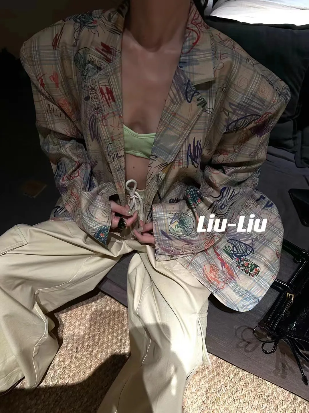 Korean Fashion Suit Jacket 2024 Spring Clothes New Shoulder Pad Loose Blazers Women's Slim-fit Retro Color Graffiti Coats