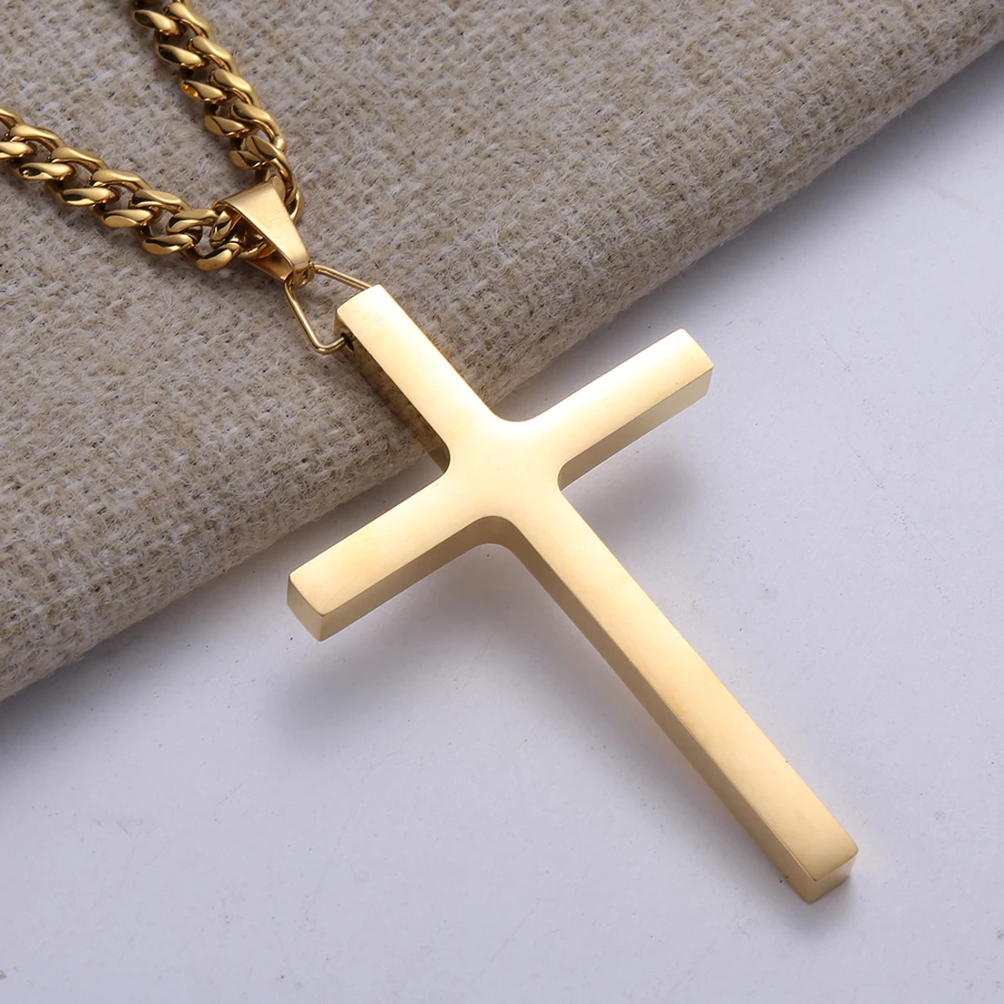Granny Chic Gold Tone Jesus Cross Pendant Necklace 316L Stainless Steel Curb Cuban Link Chain 6mm Wide 20-36inch
