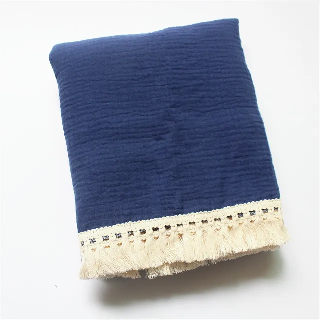 Cotton Muslin Swaddle Blankets for Newborn Baby Tassel Receiving Blanket New Born Swaddle Wrap Infant Sleeping Quilt Bed Cover Navy