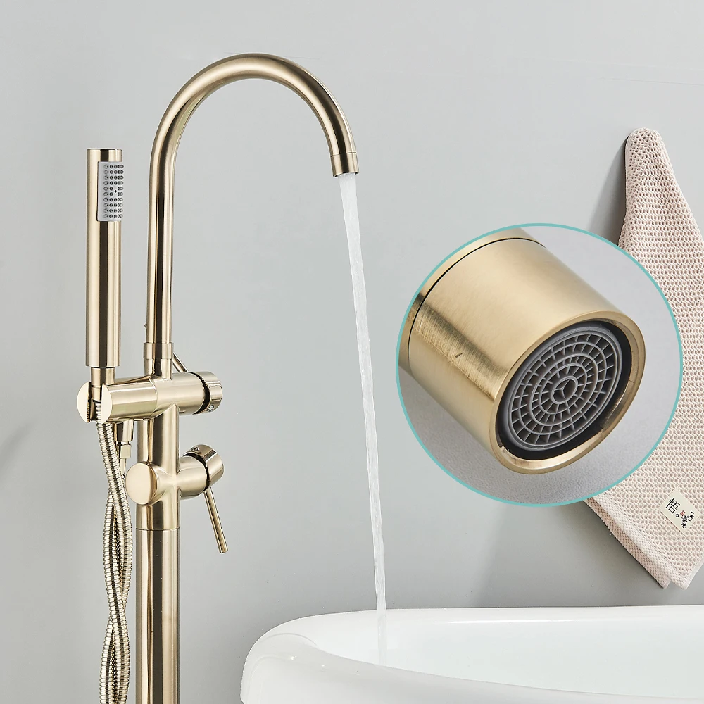 Golden Bathroom Bathtub Faucet Modern Bathtub Faucet With Hand Shower Hot and Cold Floor Mounted Tub