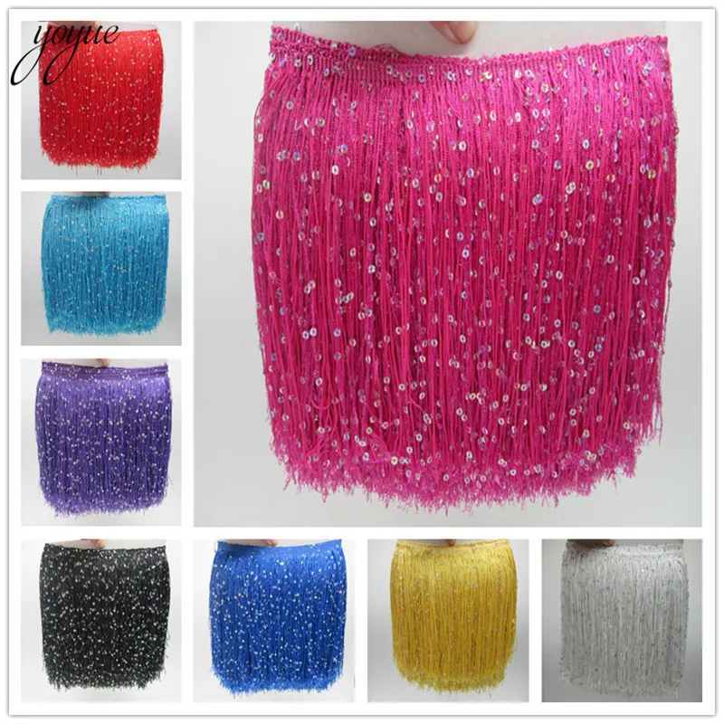 YOYUE 1Yard 20CM Long Polyester Sequins Tassel Fringe Lace Trim Ribbon Sew Latin Dress Stage Garment Curtain Accessories