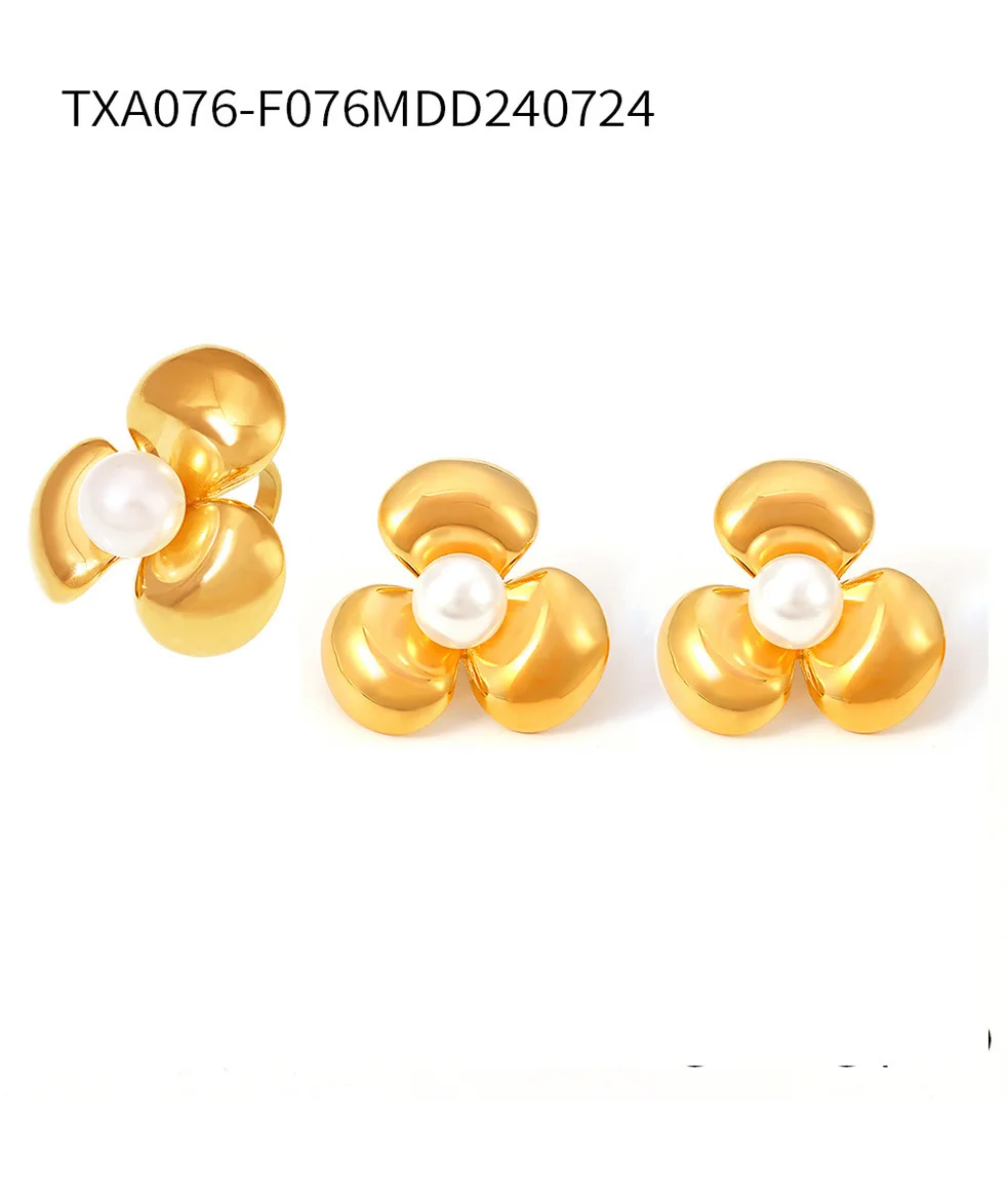 Glänzende Blume Edelstahl Ring und Ohrringe Set für Frauen Mädchen simuliert Perle wasserdicht Luxus vergoldeten Schmuck – Detail 2