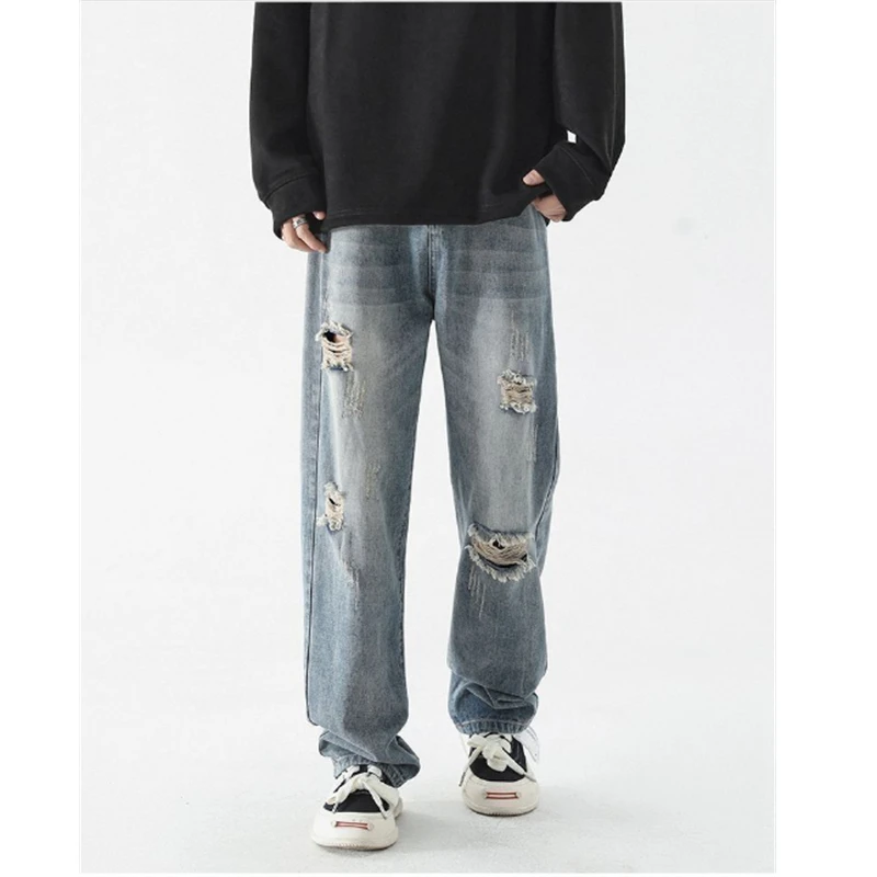 

Men's Ripped Jeans High Street Blue Denim Jeans Trouser Male Pants Loose Men Hole Jeans 2024