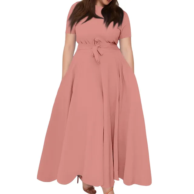 Women's Large Size Dresses Casual Fashion Elegant Matching Dress Simple Solid Round Neck Short Sleeve Pocket Big Swing Dress 6XL