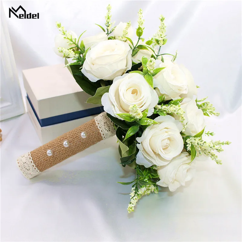 Wedding Bouquets Artificial Rose Flowers Bridal Bouquet Artificial Flower Wedding Holding Flowers White Artificial Natural Rose for Bridesmaid Bride Wedding Decorations