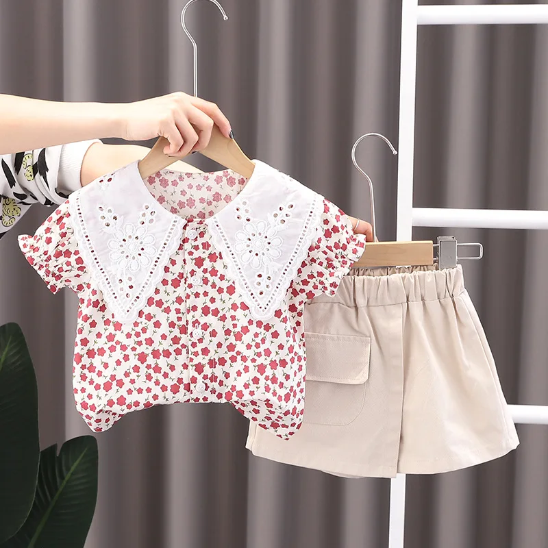 

Infant Baby Girls Clothing Sets Summer Fashion Sweet Peter Pan Collar Puff Sleeve Floral Tees Solid Elastic Waist Short Kids Set