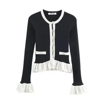 Women's Knitted Sweater Autumn Style Color-Block Panel Jacket Long Sleeve Crew Neck Single-Breasted Cardigan