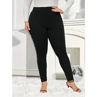 Plus Size New Women's Casual Rhinestone-Trimmed Tight Leggings - Stretchy Solid Color All-Season Machine Washable - Image 3