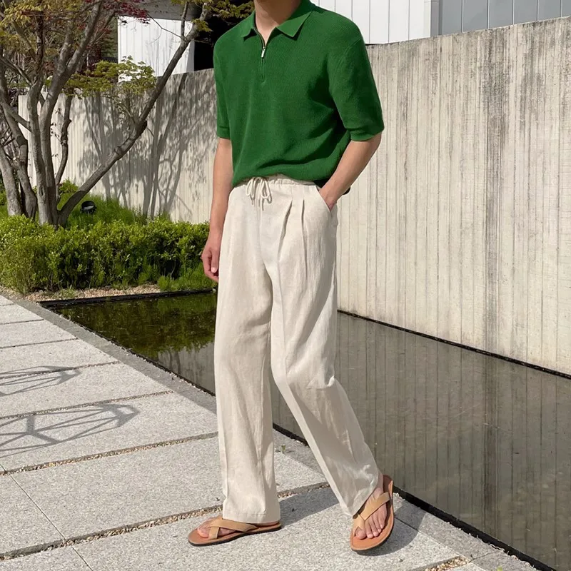

2023 Summer Men's Linen Fabric Casual Pants Korean Loose High Waist Trousers Streetwear Wide Leg Pants Solid Color Sweatpants