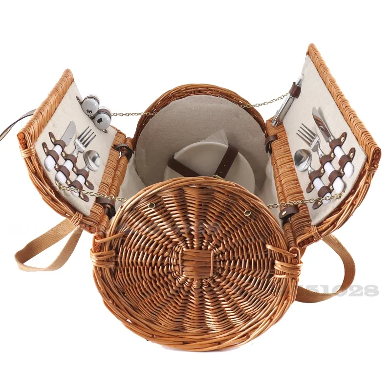 Big Rattan Picnic Basket with Tableware Storage Basket Woven Picnic Outdoor Fruit Basket Camping Storage Box Full Set