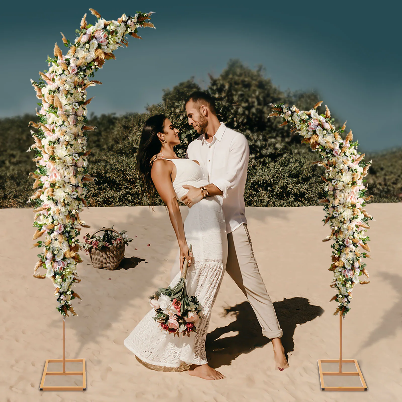 2 Pieces Gold Wedding Arch Balloon Flower Backdrop Stands Road Guide Wedding Stand Curved Top Frames 6ft, 8ft