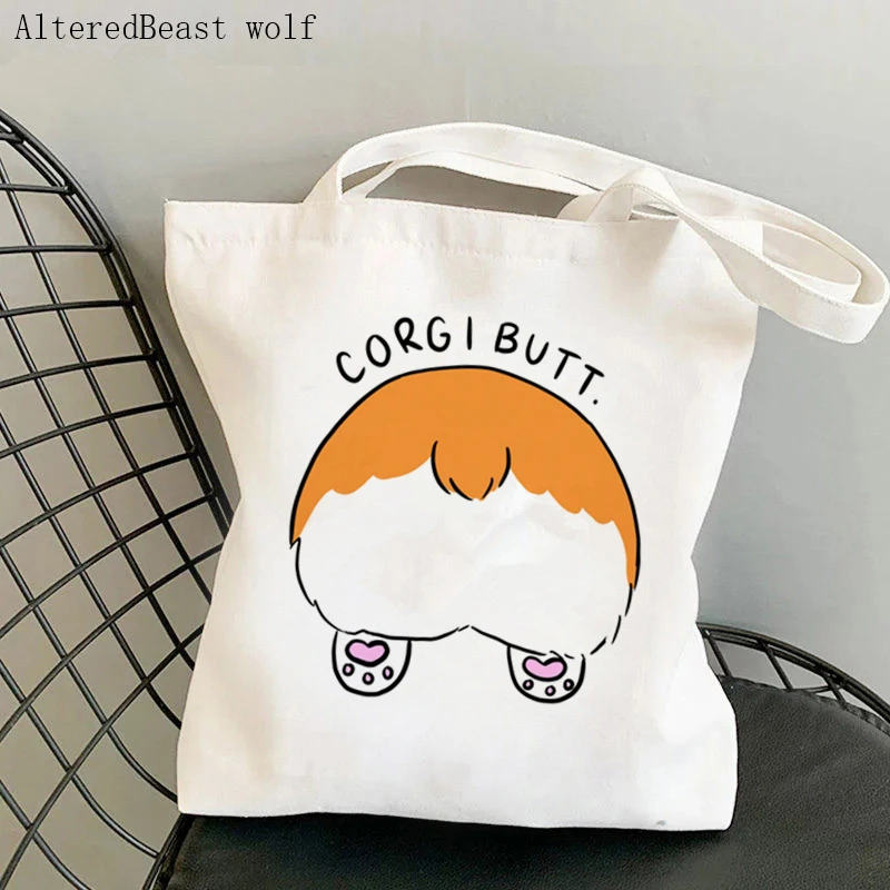 

Women Shopper bag Corgi Butt Printed Kawaii Bag Harajuku Shopping Canvas Shopper Bag girl handbag Tote Shoulder Lady Bag