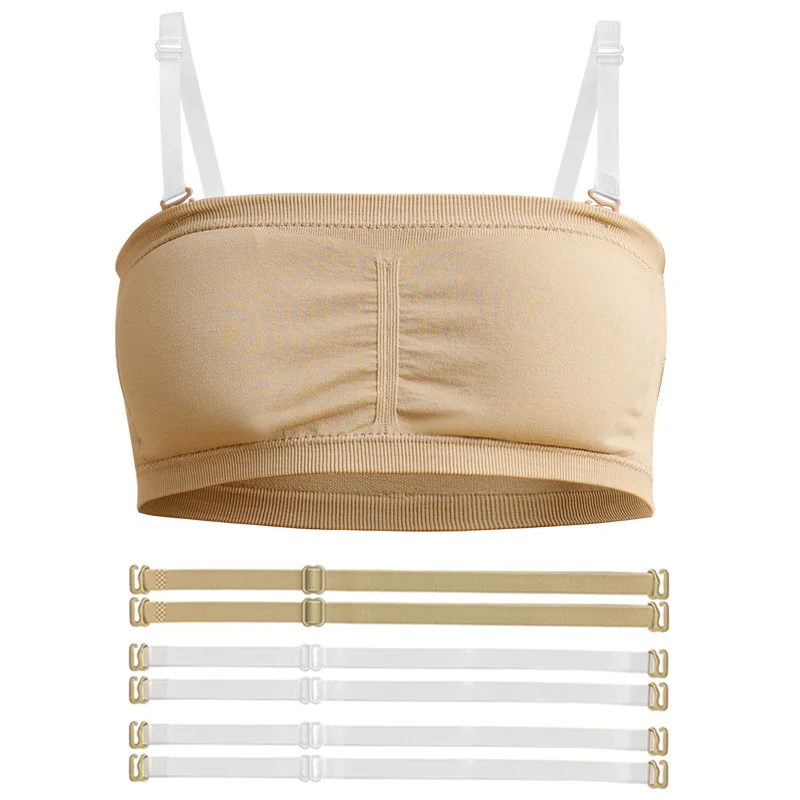 Youth Ballet Dance Bandeau Bra with Clear Straps and Chest Pads - Nude Seamless Design (2-Pack)