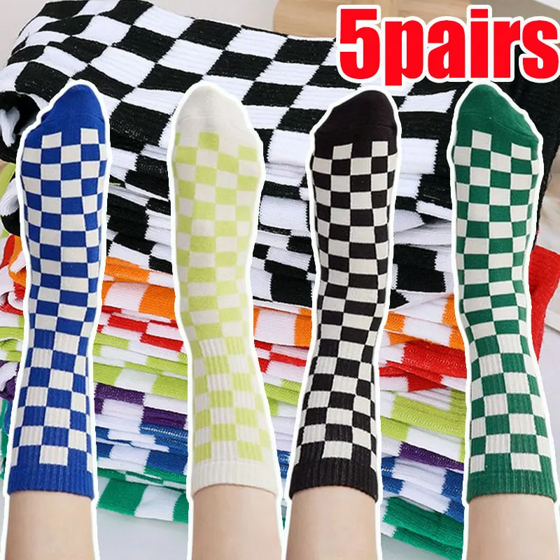 

Funny Harajuku Trend Women Checkerboard Socks Men Hip Hop Cotton Unisex Streetwear Novelty Geometric Checkered Stocking