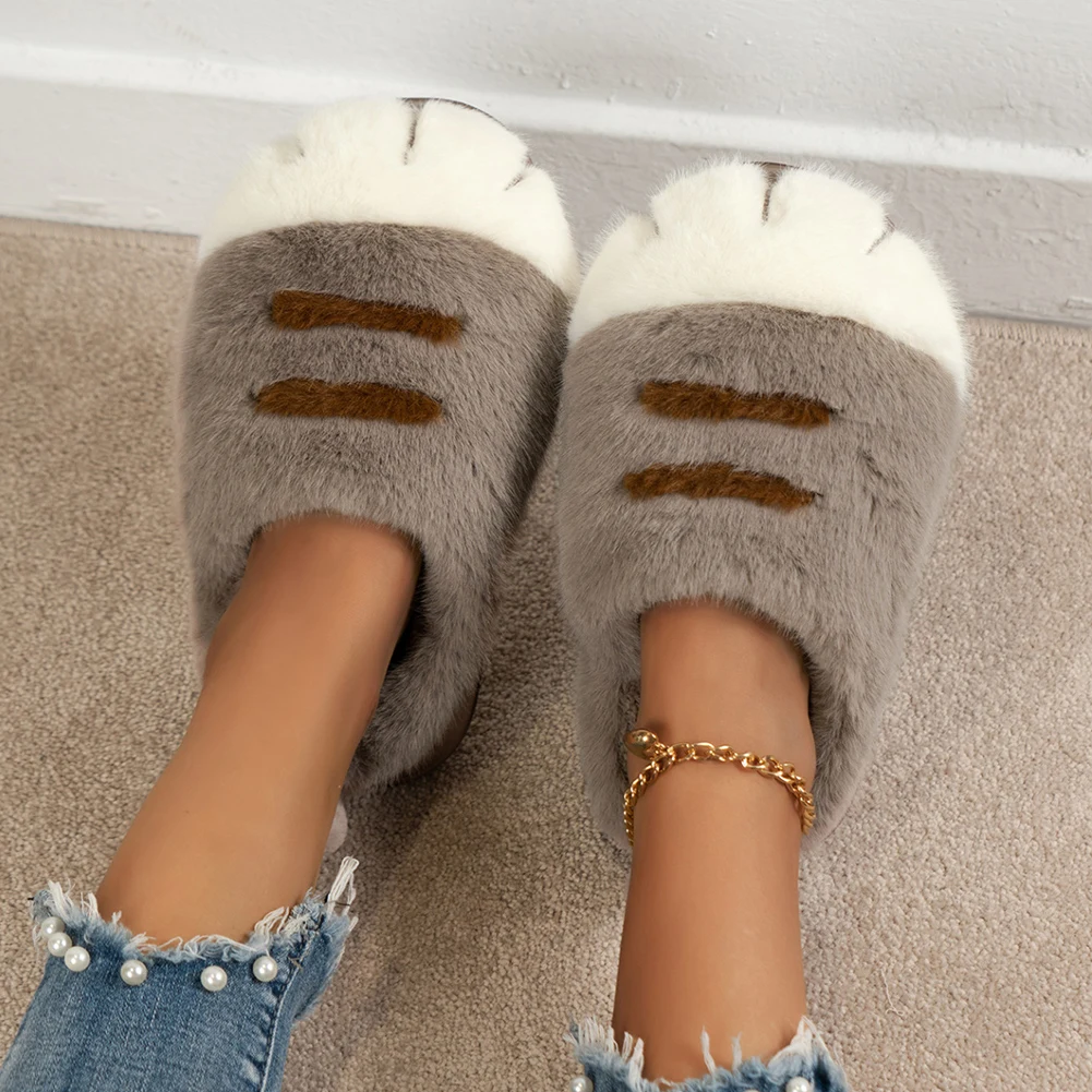 3D Cat Paw Plush Slippers Warm Slip-on House Shoes Anti Slip Fluffy Home Slippers Furry Paw Couple Slippers for Autumn Winter