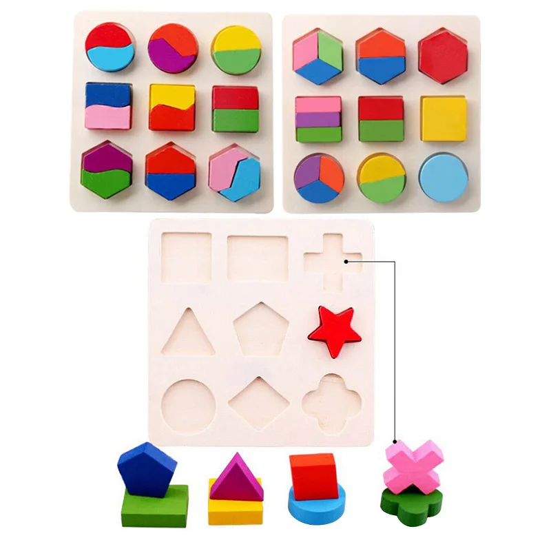 

Baby Toys Wooden Geometric Shapes Montessori 3D Puzzle Sorting Math Bricks Preschool Learning Educational Game for Children