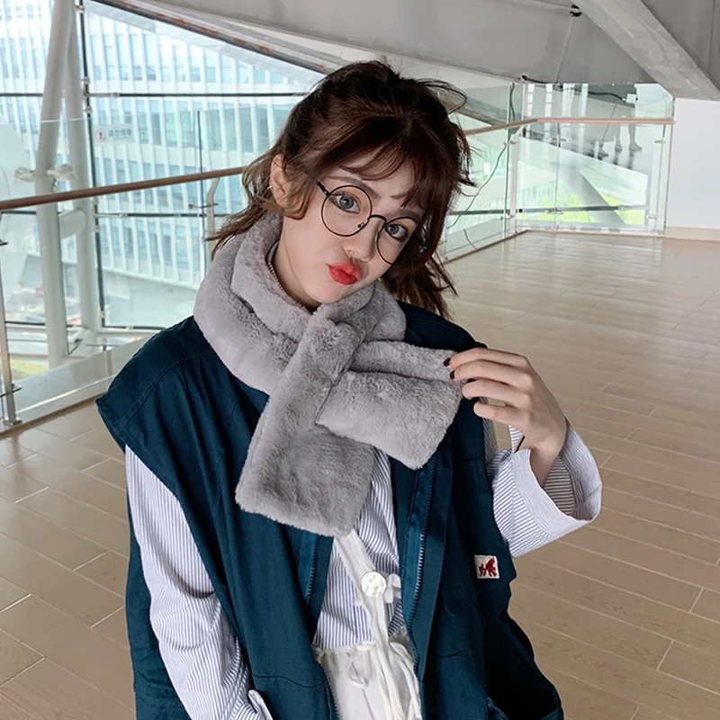 여성용 인조 토끼 모피 봉제 단색 부드러운 스카프, 크리스마스 선물, 목 칼라 따뜻한 물건, 겨울