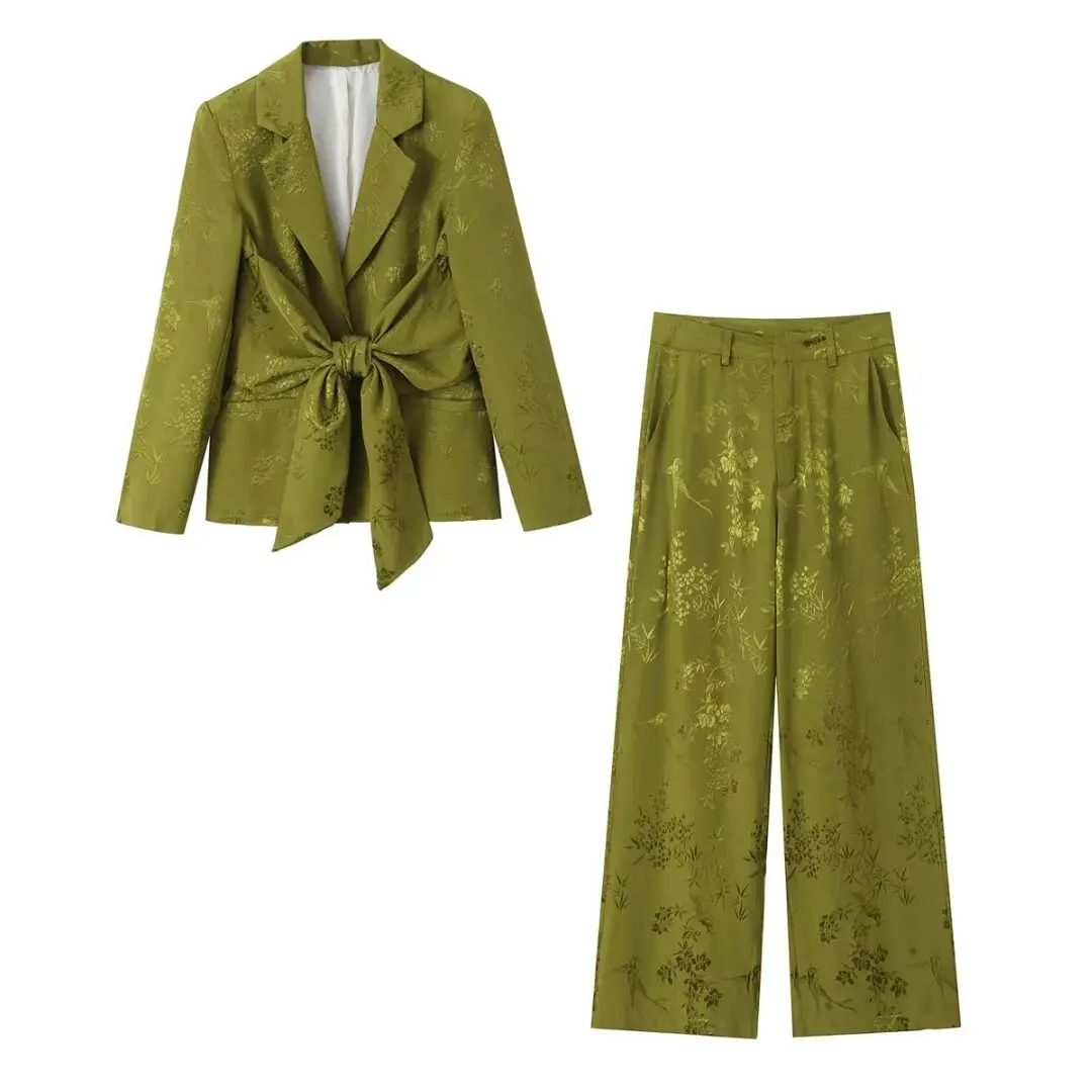 

TRAFZA Women Casual Butterfly Lace-Up Embroidery Decoration Lapel Blazer Top+High Waist Wide Leg Pant 2 Piece Set Mujer TRAF
