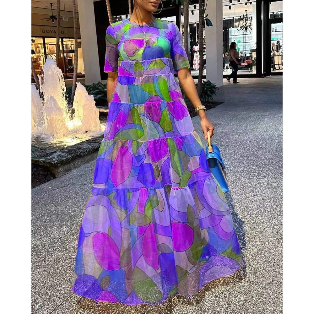 

Женское длинное свободное платье с коротким рукавом, круглым вырезом и принтом фруктов