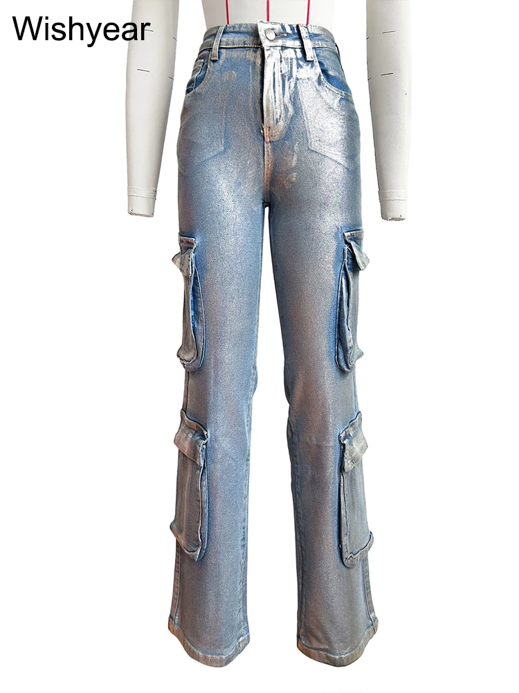 Hot Silver Stretch Denim Cargo Pants Women High Waist Streetwear Hip Hop Trousers Female Big Pockets Baggy Jeans Sweatpants y2k