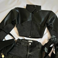 Y2K Leather Spliced Denim Black Two Piece Set Women Harajuku Gothic Long Sleeve Zipper Jacket Mini Pleated Skirt Autumn Jacket 2